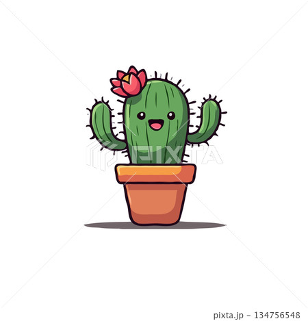 Delightful animated cactus character blossoming joyfully in a terracotta pot with friendly face 134756548