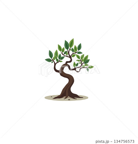 Stylized arboreal representation showcasing a gracefully curved trunk and flourishing verdant Stylized arboreal representation showcasing a gracefully curved trunk and flourishing verdant 134756573
