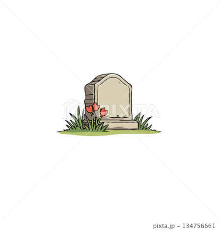 Simple depiction of a tombstone with red flowers, conveying themes of memory, sadness, and 134756661