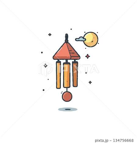 Charming evening serenity depicted through whimsical wind chime illustration with gentle light and Charming evening serenity depicted through whimsical wind chime illustration with gentle light and 134756668