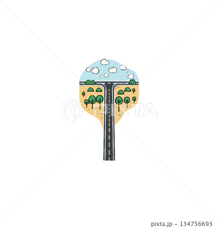 Whimsical roadside landscape rendering illustration portraying travel journeys and summer blue Whimsical roadside landscape rendering illustration portraying travel journeys and summer blue 134756693