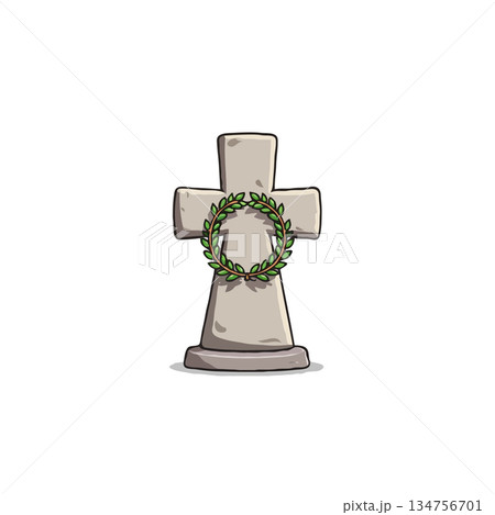 A simple yet evocative illustration of a tombstone adorned with a laurel wreath symbolizing A simple yet evocative illustration of a tombstone adorned with a laurel wreath symbolizing 134756701