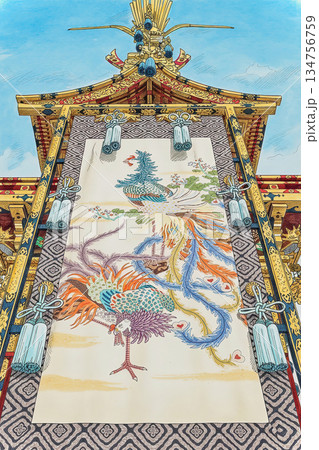 豪華絢爛な装飾された屋台　高山祭　水彩画　ペン画 134756759