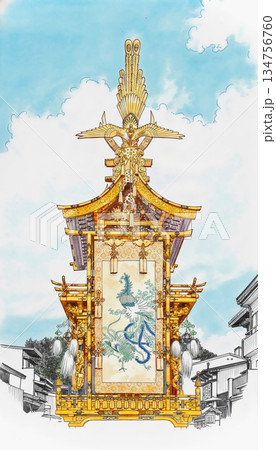 豪華絢爛な装飾された屋台　高山祭　水彩画　ペン画 134756760