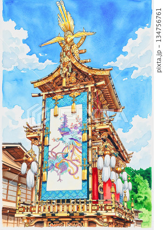 豪華絢爛な装飾された屋台 高山祭 水彩画 ペン画 豪華絢爛な装飾された屋台 高山祭 水彩画 ペン画 134756761