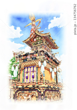 豪華絢爛な装飾された屋台 高山祭 水彩画 ペン画 豪華絢爛な装飾された屋台 高山祭 水彩画 ペン画 134756762