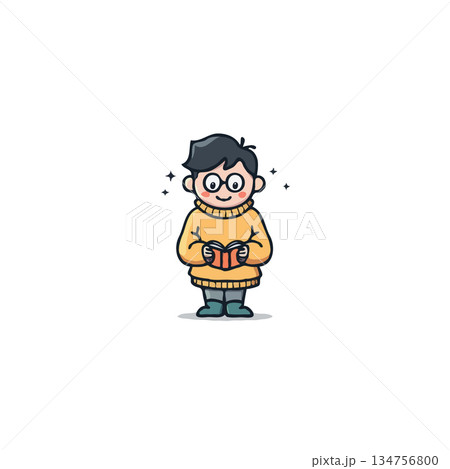 Charming illustration of a young boy lost in the pages of an enthralling book and dreaming reading 134756800