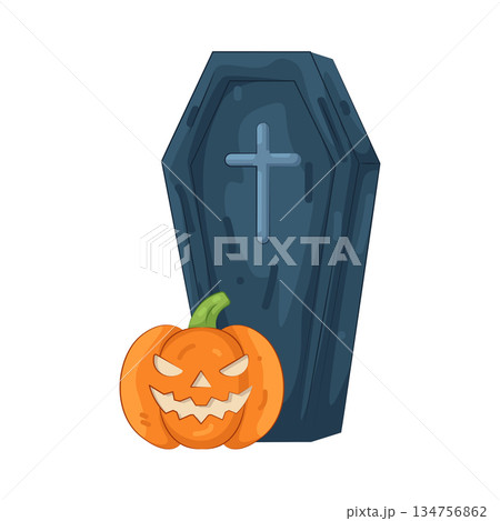 Illustration of coffin with pumpkin  134756862