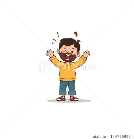 Joyful cartoon boy celebrating with open arms showing happiness from clean face and enjoying 134756992