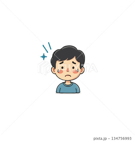 Cartoon boy exhibiting sadness and sparkling frustration, showcasing emotion with teardrops near 134756993