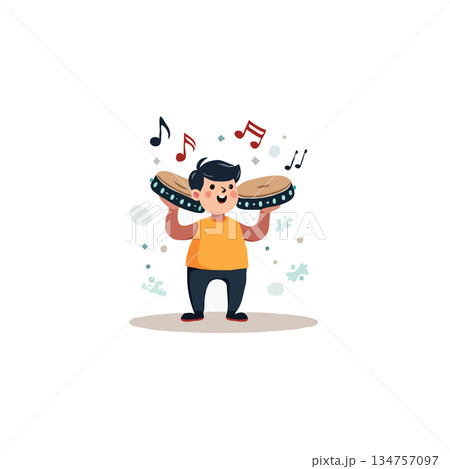 Enthusiastic young drummer joyfully playing percussion instruments while surrounded by musical 134757097
