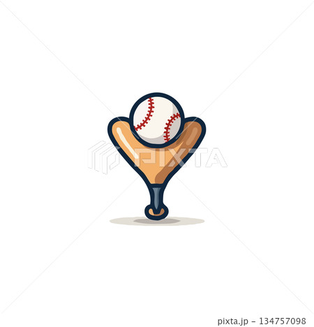 Stylized baseball balancing gently on a uniquely shaped bat with a minimalist aesthetic creating 134757098