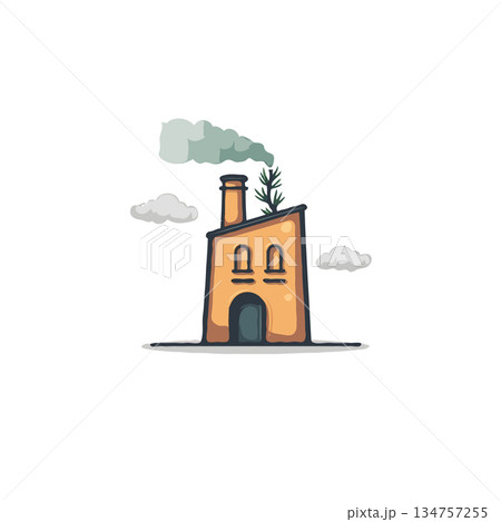 Stylized industrial building releasing non-threatening smoke into the atmosphere with an Stylized industrial building releasing non-threatening smoke into the atmosphere with an 134757255