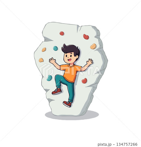 Enthusiastic young climber ascends playful cartoon indoor wall demonstrating physical activity and 134757266