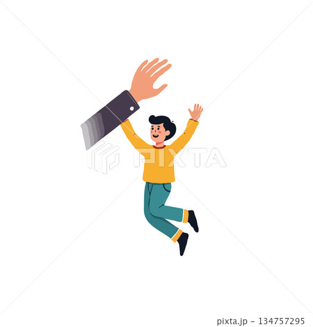 Empowerment depiction featuring upward reaching character and supportive gesture from overseeing 134757295