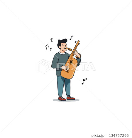 A man playing unique stringed instrument with musical notes displaying harmonic resonance around 134757296
