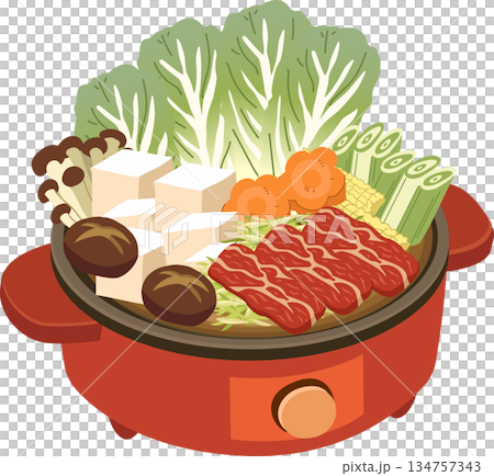 asian hot pot dinner illustration with beef slices vegetables and tofu asian hot pot dinner illustration with beef slices vegetables and tofu 134757343