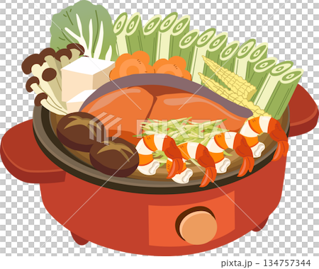 seafood hot pot with fresh vegetables, tofu and mushrooms, representing Japanese and Asian comfort food for seasonal cooking 134757344