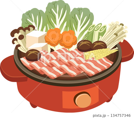 Cute asian hot pot illustration showing shabu shabu ingredients like sliced pork napa cabbage tofu and mushrooms 134757346