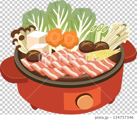 Cute asian hot pot illustration showing shabu shabu ingredients like sliced pork napa cabbage tofu and mushrooms 134757346
