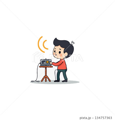Cartoon boy operating vintage radio transmitter for broadcasting musical notes to communicate with 134757363