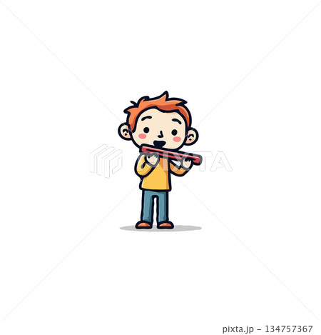 Boy with orange hair playing a simple flute creating delightful musical notes with innocence and 134757367