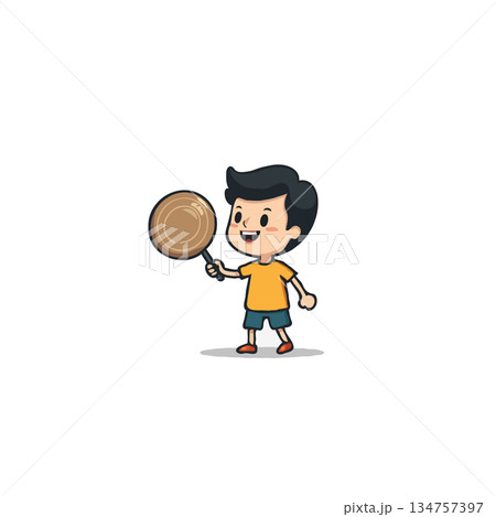 Cartoon boy joyfully displaying large lollipop, illustration presenting sweet treat, cheerful Cartoon boy joyfully displaying large lollipop, illustration presenting sweet treat, cheerful 134757397