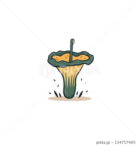 Whimsical illustration of a stylized mushroom with a unique stem on white surface creating a 134757405