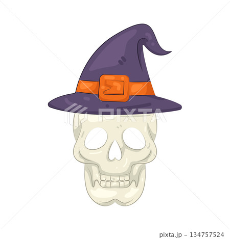 Illustration of skull wearing witch hat  134757524