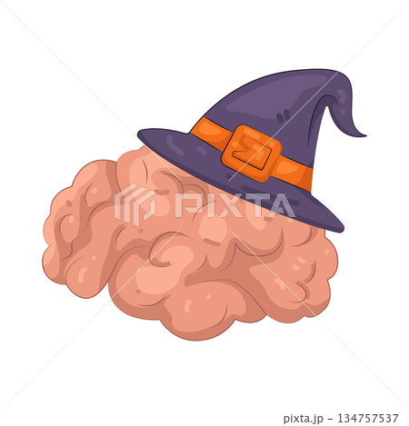 Illustration of brain wearing witch hat  134757537