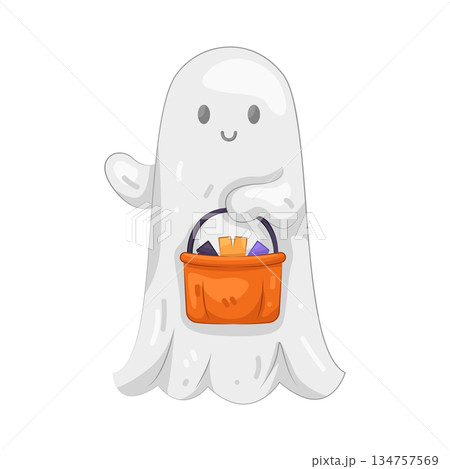 Illustration of ghost carrying candy basket  134757569