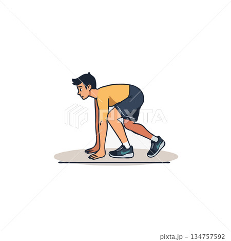 Focused athlete poised in starting position ready for energetic sprint or race competition 134757592