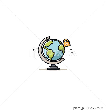 Cartoon style globe with a padlock symbolizing restricted travel and protection of international 134757593
