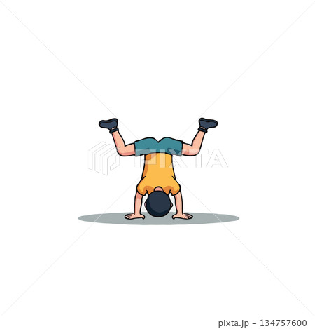 Cartoonish illustration showcasing a young boy's whimsical acrobatic handstand pose against a 134757600