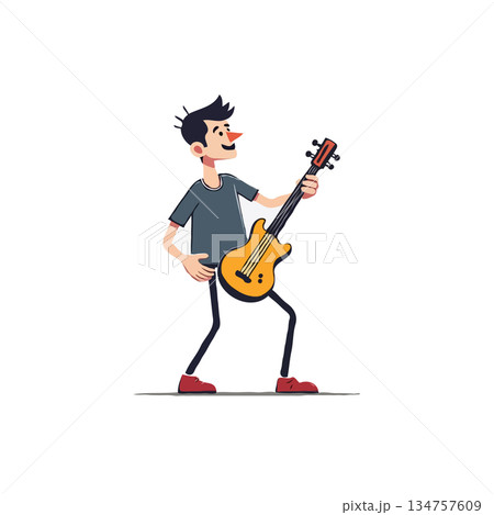 Cartoon musician character playing electric guitar with enthusiasm and passion performing on stage 134757609