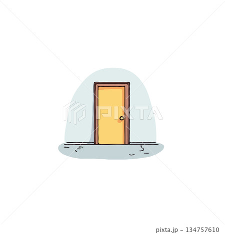 Minimalist yellow door illustration presenting an inviting portal with soft color palette and 134757610