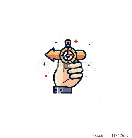 Conceptual direction guidance illustration of hand holding pointer with central navigational Conceptual direction guidance illustration of hand holding pointer with central navigational 134757637