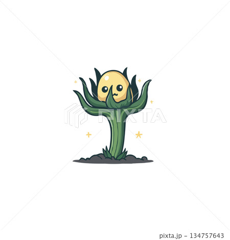 Whimsical depiction of a sentient plant seedling cautiously emerging from the dark soil beneath Whimsical depiction of a sentient plant seedling cautiously emerging from the dark soil beneath 134757643