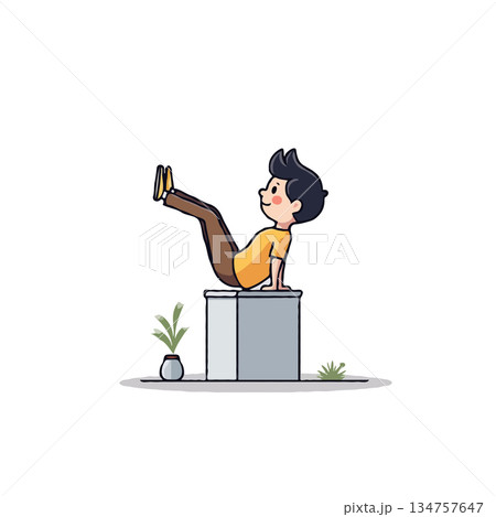 Cartoon character doing core strengthening exercise, fitness and training on block with plant pot Cartoon character doing core strengthening exercise, fitness and training on block with plant pot 134757647