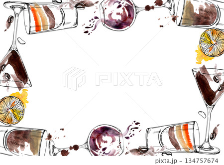 Deep amber, chocolate and espresso cocktails, wine balloon glasses, layered alcoholic shots in watercolor and ink frame with citrus peels and coffee beans. Hand drawn for classy bar art or packaging. 134757674