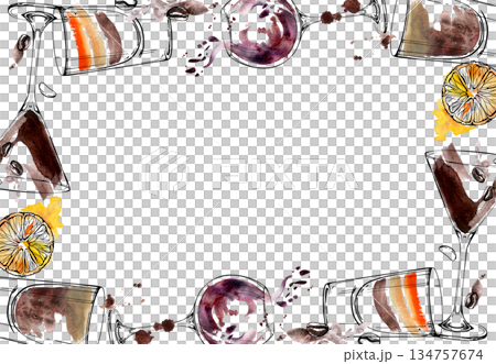 Deep amber, chocolate and espresso cocktails, wine balloon glasses, layered alcoholic shots in watercolor and ink frame with citrus peels and coffee beans. Hand drawn for classy bar art or packaging. 134757674
