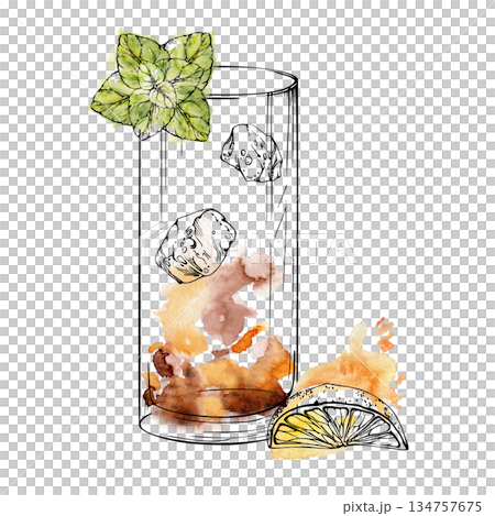 Layered Long Island iced tea, punch, mai tai drink with citrus slice, mint leaves garnish on rim, ice cubes. Ink and watercolor isolated illustration for cocktail sets, product labels, digital prints. Layered Long Island iced tea, punch, mai tai drink with citrus slice, mint leaves garnish on rim, ice cubes. Ink and watercolor isolated illustration for cocktail sets, product labels, digital prints. 134757675