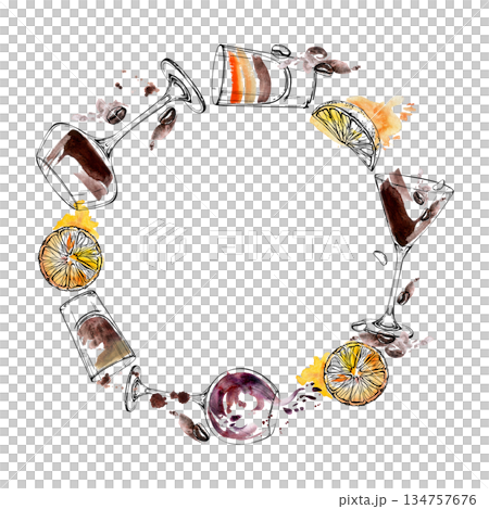 Amber coffee beans, chocolate splatter cocktail, layered shots, wine and beer glasses with orange wheels garnish. Wreath frame in ink and watercolor textures. Hand drawn for premium branding, posters. Amber coffee beans, chocolate splatter cocktail, layered shots, wine and beer glasses with orange wheels garnish. Wreath frame in ink and watercolor textures. Hand drawn for premium branding, posters. 134757676