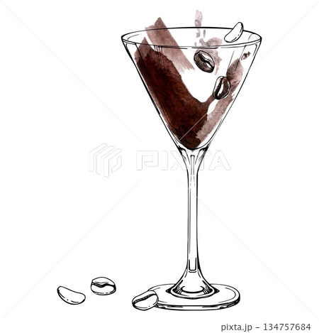 Coffee-based Espresso Martini cocktail with arabica and robusta beans garnish, chocolate watercolor splatter, ink outline. Hand-drawn illustration for bar graphics, recipe visuals, digital print sets. Coffee-based Espresso Martini cocktail with arabica and robusta beans garnish, chocolate watercolor splatter, ink outline. Hand-drawn illustration for bar graphics, recipe visuals, digital print sets. 134757684