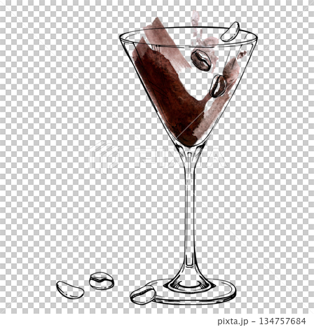 Coffee-based Espresso Martini cocktail with arabica and robusta beans garnish, chocolate watercolor splatter, ink outline. Hand-drawn illustration for bar graphics, recipe visuals, digital print sets. Coffee-based Espresso Martini cocktail with arabica and robusta beans garnish, chocolate watercolor splatter, ink outline. Hand-drawn illustration for bar graphics, recipe visuals, digital print sets. 134757684
