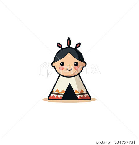 Whimsical native american illustration features charming character in a teepee costume expresses Whimsical native american illustration features charming character in a teepee costume expresses 134757731