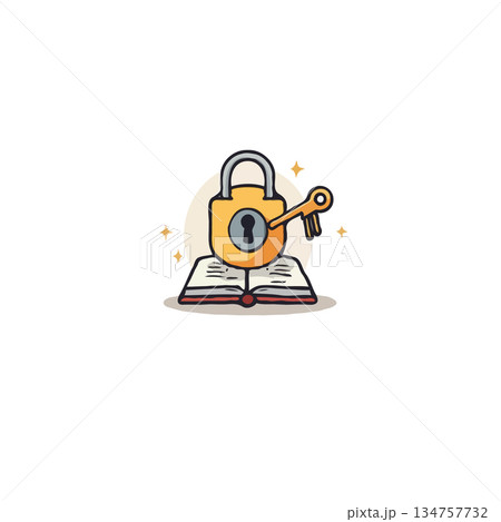Unlocking knowledge: a stylized lock and key resting on an open book symbolizing learning and Unlocking knowledge: a stylized lock and key resting on an open book symbolizing learning and 134757732