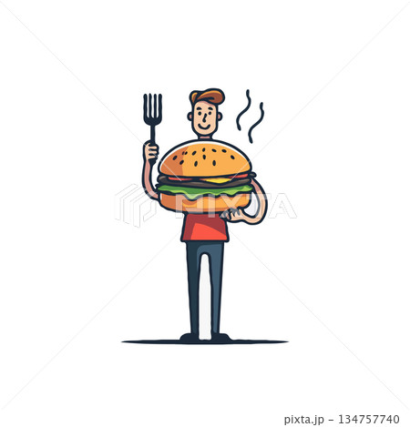 Joyful cartoon character presenting a delectable burger holding a fork ready to eat delicious meal Joyful cartoon character presenting a delectable burger holding a fork ready to eat delicious meal 134757740