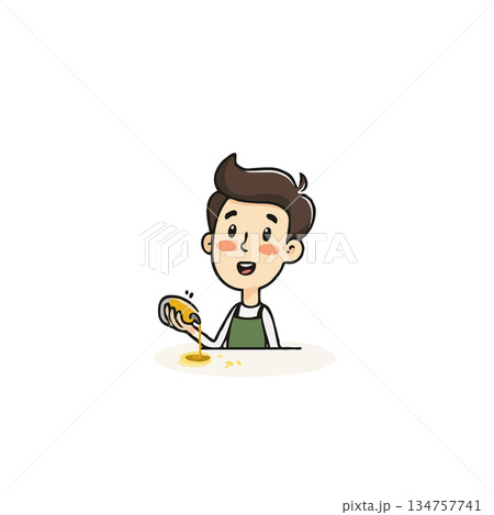 Boy pouring golden liquid, cartoon image capturing joyful, playful and whimsical moment on plain Boy pouring golden liquid, cartoon image capturing joyful, playful and whimsical moment on plain 134757741