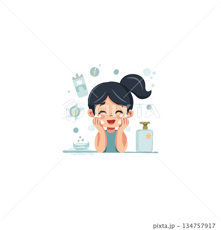 Cartoon illustration of a young girl performing her skincare routine cheerfully demonstrating 134757917